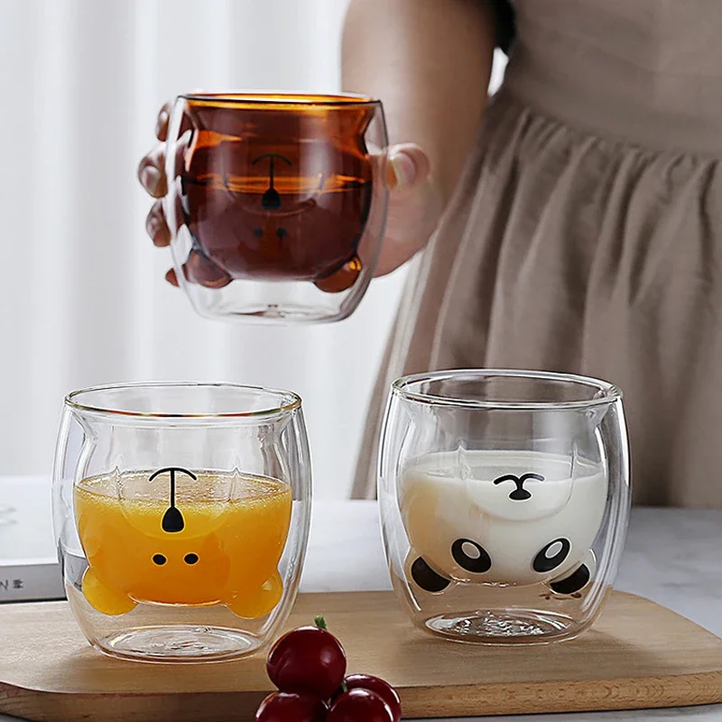 

Double Glass Cup Bear Cat Dog Animal Coffee Mug Transparent Cartoon Milk Juice Tea Drinking Cups Drinkware Party Wine Glasses