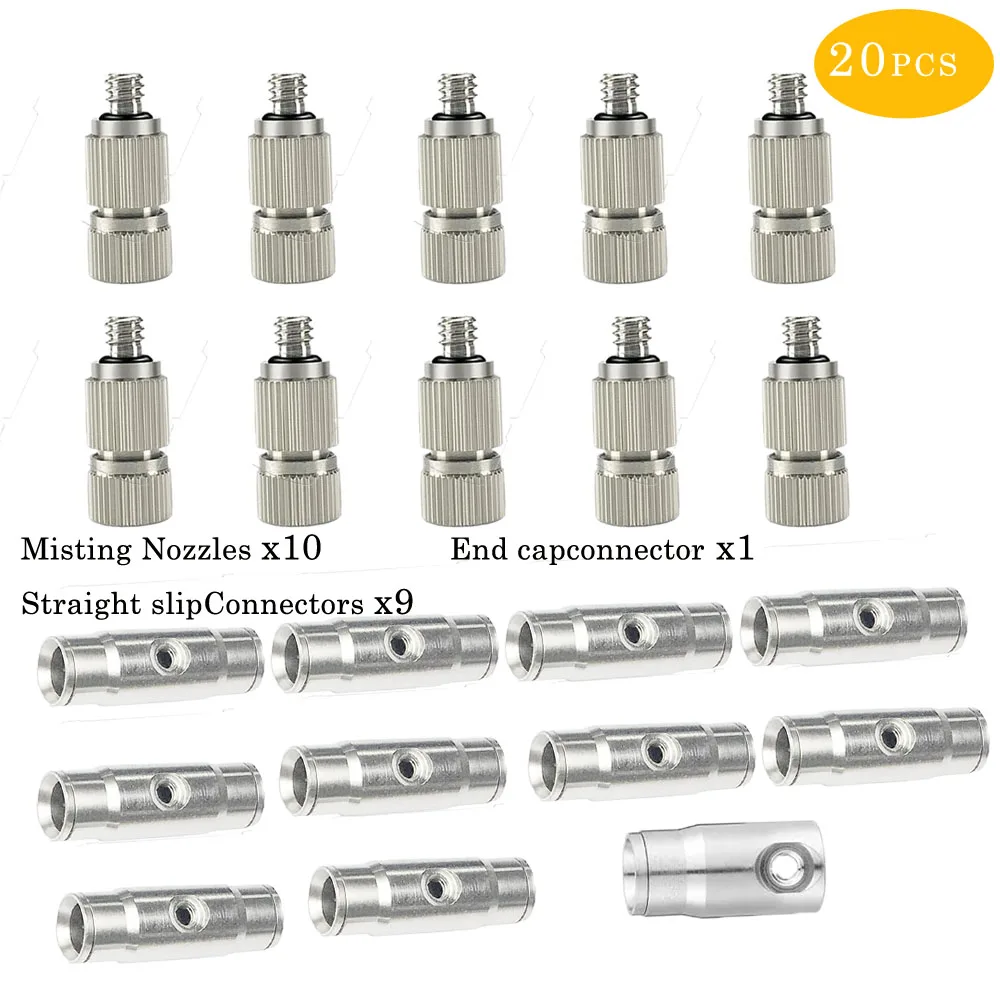 

10 шт. насадки для тумана + 9 шт. держатели насадок, разъем 3/8 дюйма, трубка для наружной водяной системы охлаждения, фитинги высокого давления