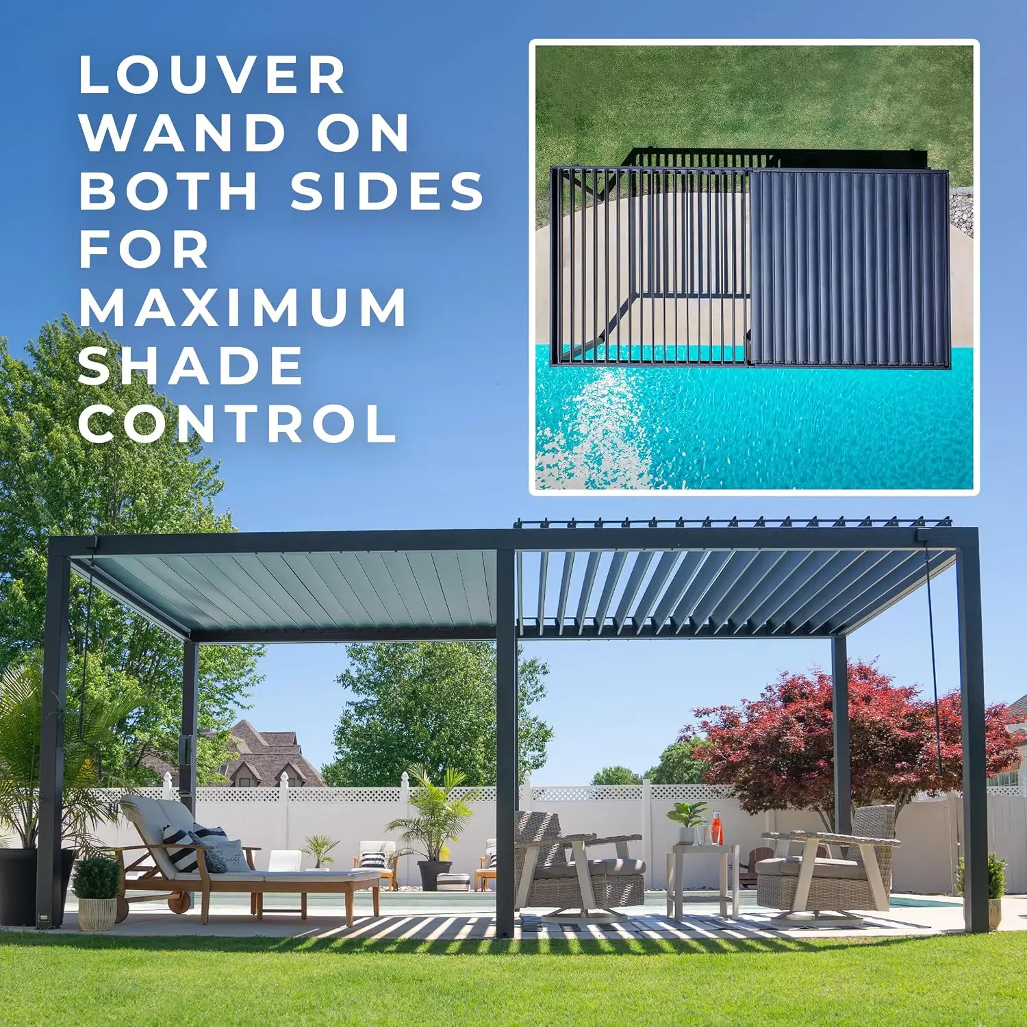 Sarasota 20' x 10' Galvanized Steel Louvered Pergola Kit with Adjustable Roof, Shade, Rain Protection, High-Wind Rating, Gutter