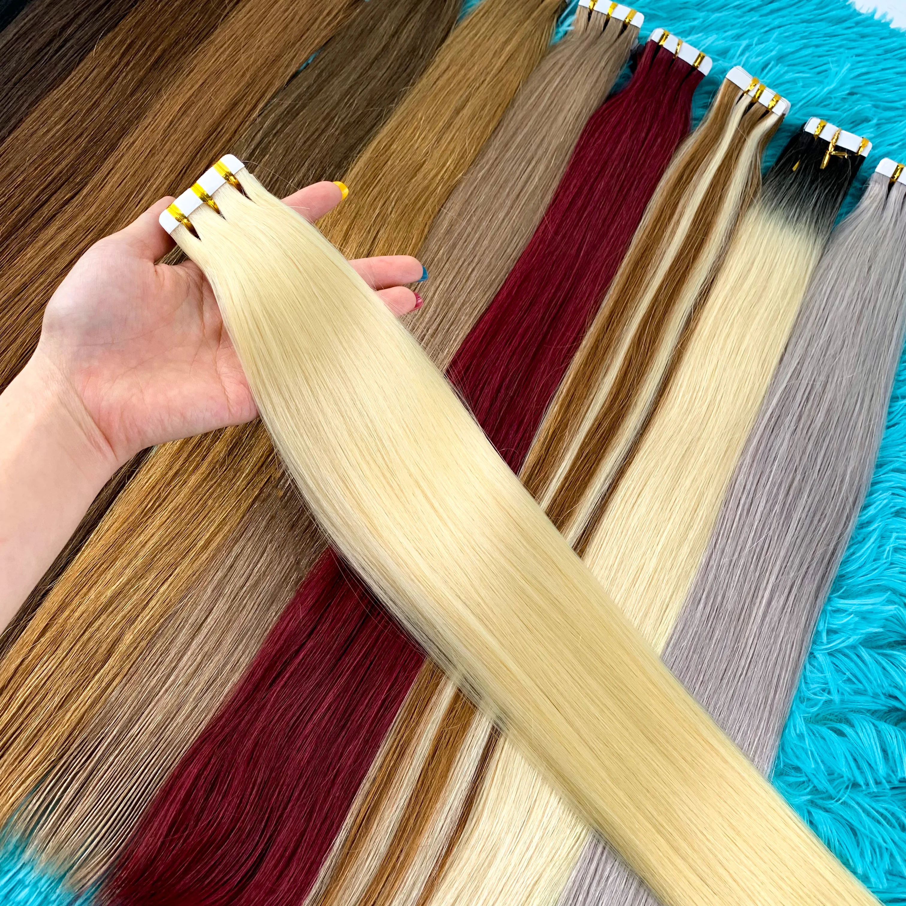 テープ式ヘアエクステンション 100%人毛レミーヘア 18インチ 50g シームレススキンウェフト シルキーストレート ナチュラルヘアエクステンション 女性用