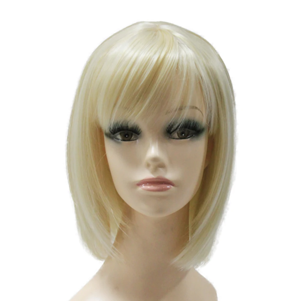 Shining Blonde Straight Chin Length synthetic Hair Blend Wig Short Bob Full Wig for White Women