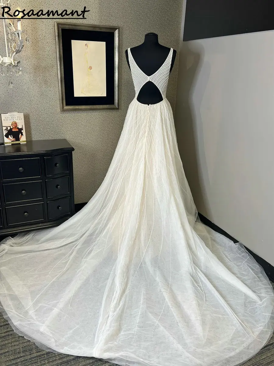 Real Image V-Neck Pearls Beading A-Line Wedding Dresses Illusion Sleeveless Open Back Bridal Gowns Robe De Mariée