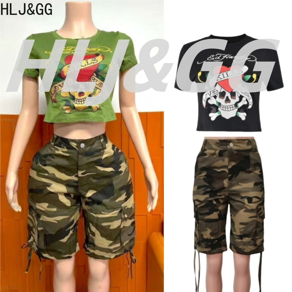 

HLJ&GG Fashion Retro American Letter Print Two Piece Sets Women Round Neck Slim Crop Top And Camouflage Cargo Shorts Outfit 2025