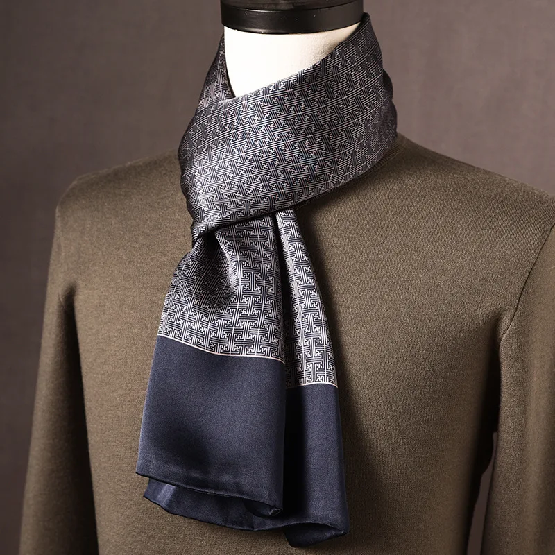 Men's Mulberry Silk Scarf, Premium Plaid Print Long Neck Scarf, Versatile Business Neckwear, Autumn Winter Gift for Boyfriend