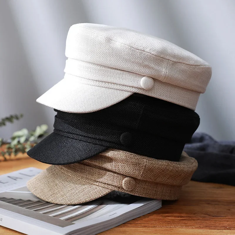

Japanese Style Cotton Linen Navy Beret Hat - Summer Women's Fashion, Breathable Hat, Flat Top Casual Cap