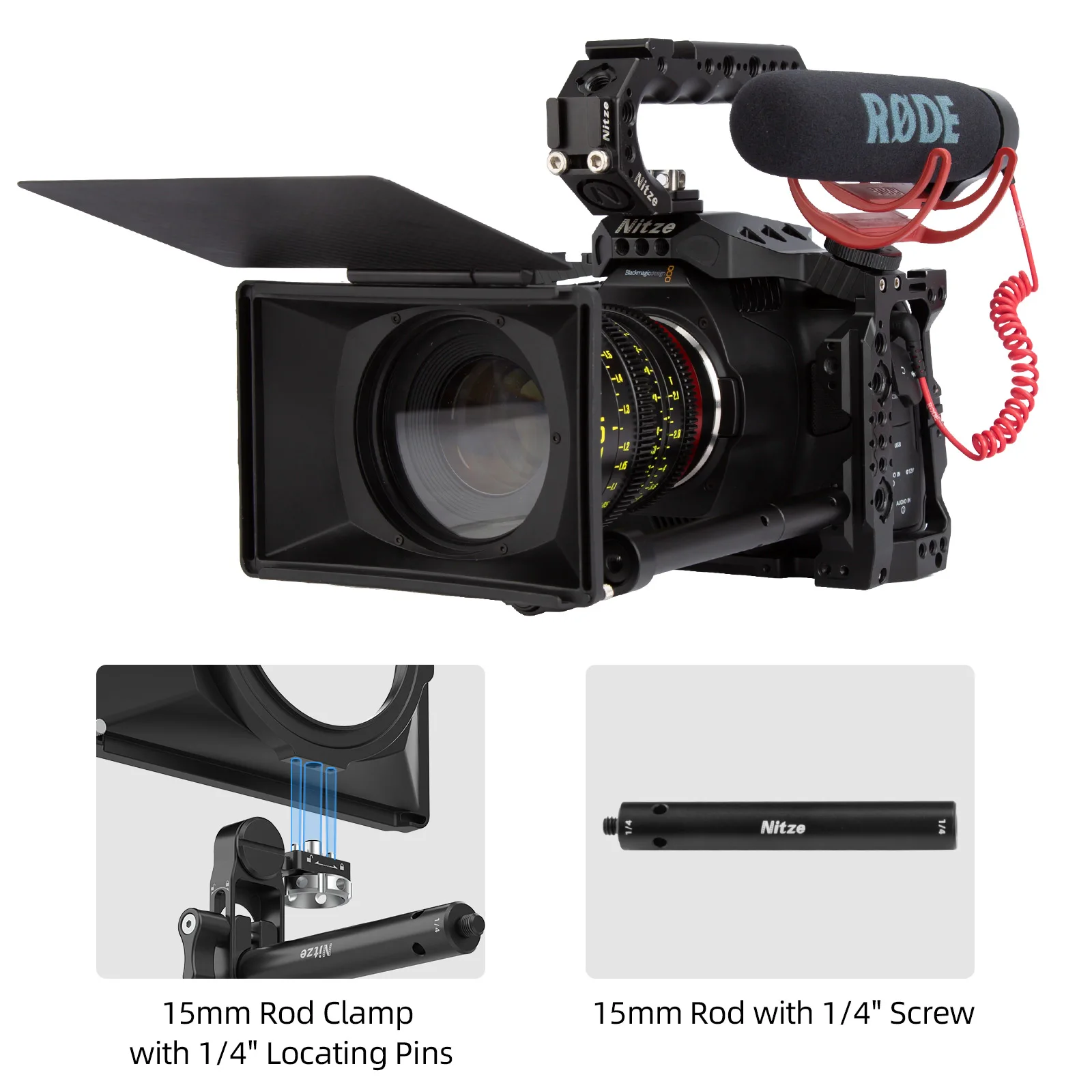Nitze Mini Matte Box for Mirroless and DSLR Cameras with 15mm Rod Clamp,15mm Rod with 1/4