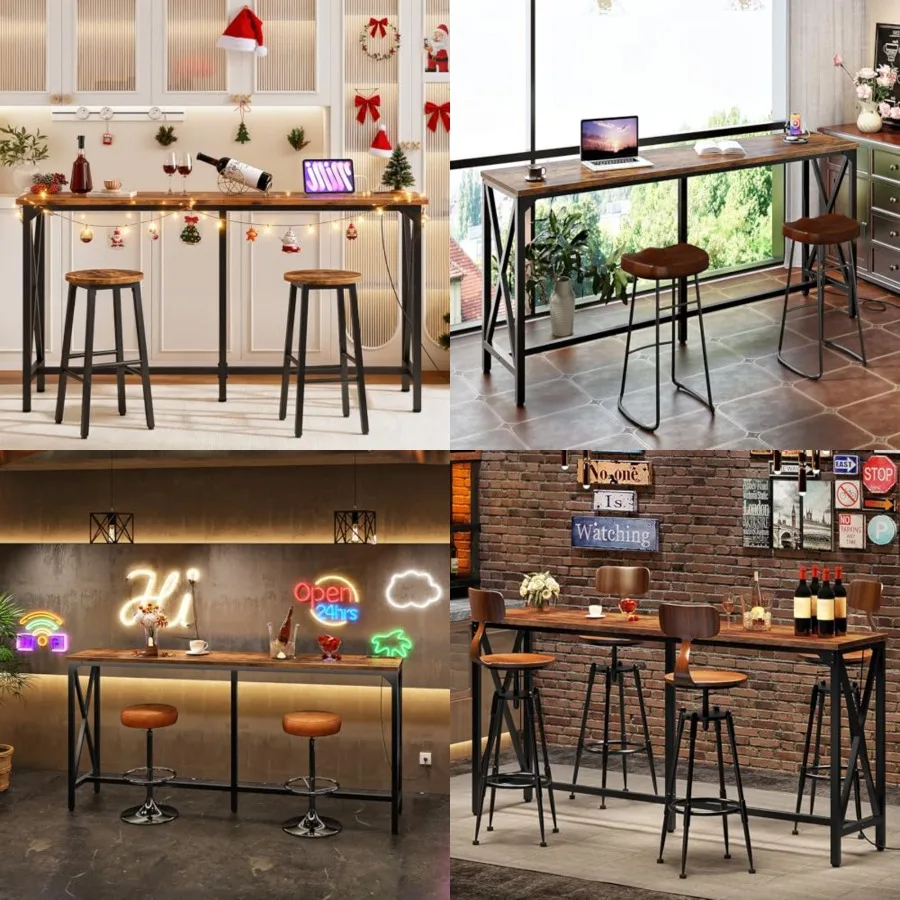 

63'' Bar Table, Kitchen Dining Table with Power Outlet and Footrest, Industrial Style, for Pub, Living Room, TBT07UBF