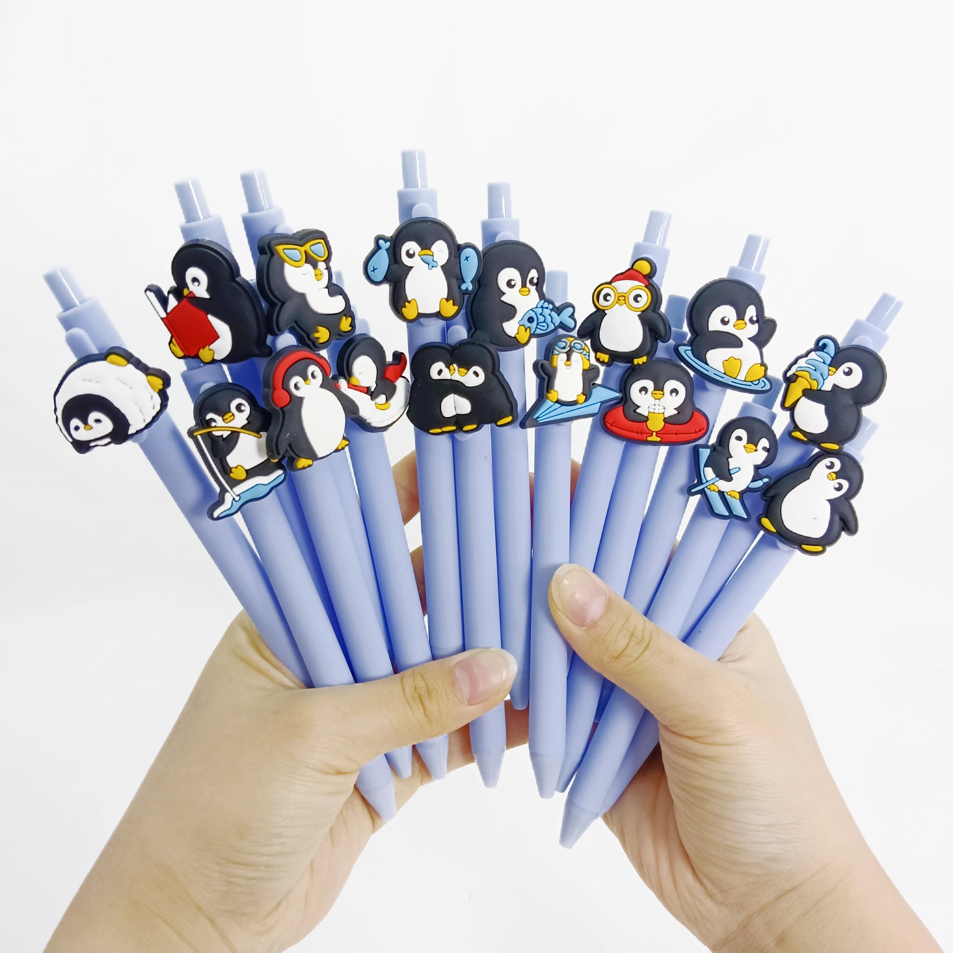 

16PCS sky blue penguin theme patch pen PVC soft rubber ballpoint pen, student writing supplies gender-neutral pen