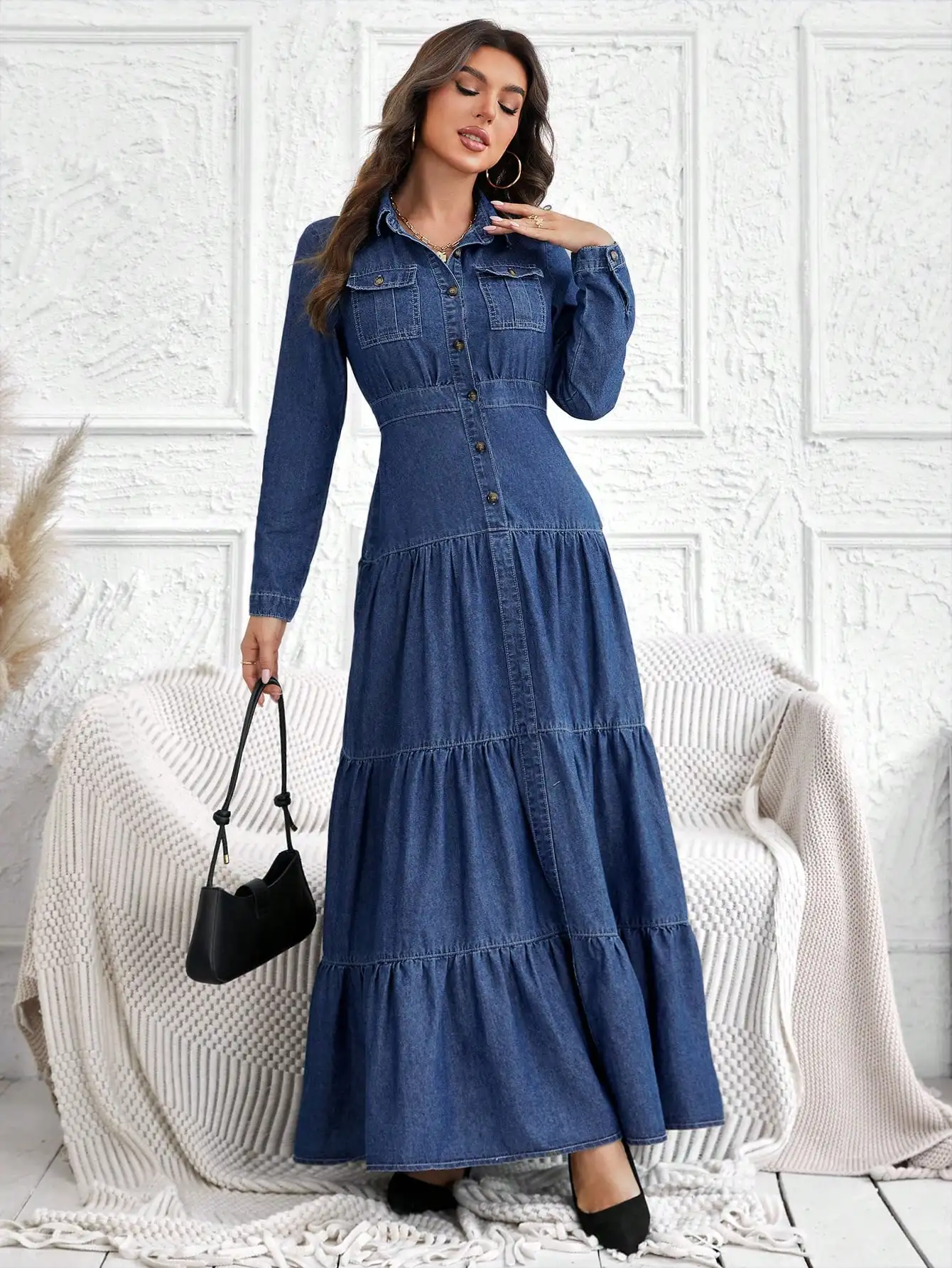 

Women's Denim Tiered Shirt Dress With Pockets