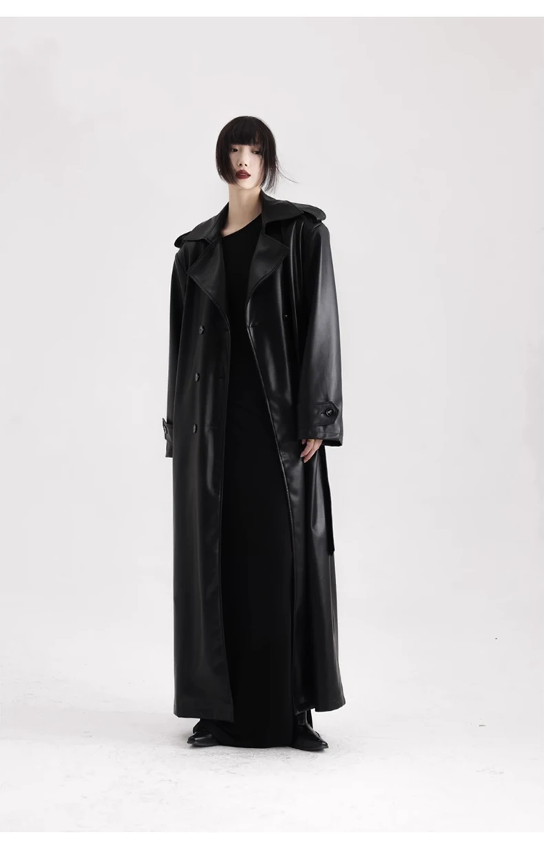 Lautaro Spring Autumn Extra Long Black Soft Pu Leather Trench Coat for Women Double Breasted Loose Casual Korean Fashion 2024