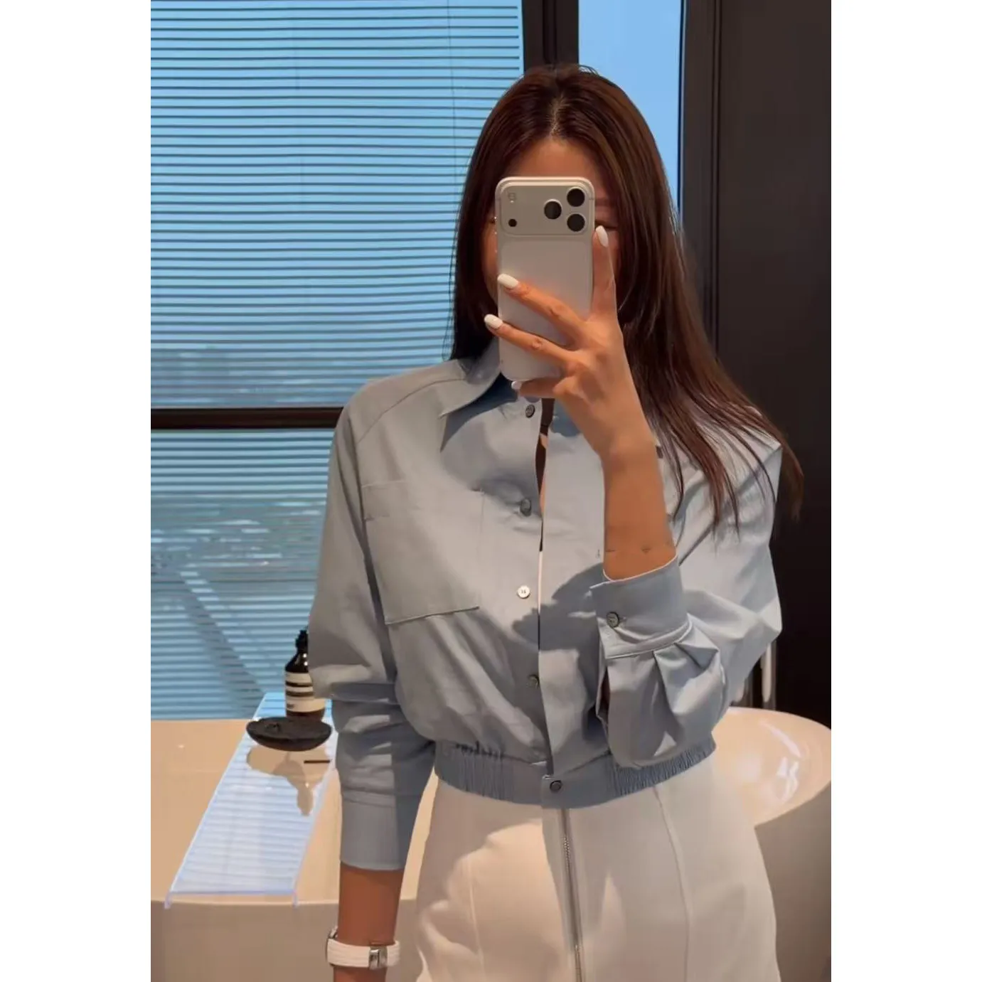 2026 Early Autumn High Fashionable Slim-fit Slimming Two-color Simple Pocket Polo Collar Long-sleeved Jacket For Women