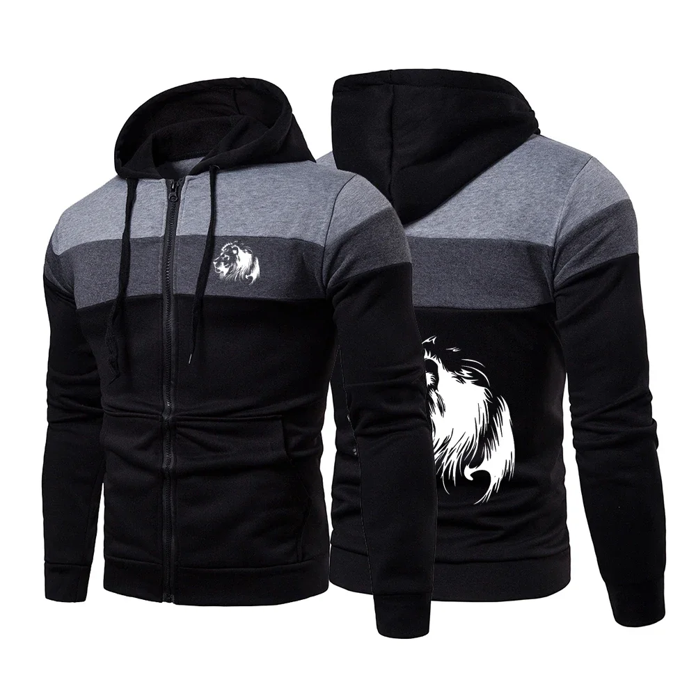 

Meditation Lion Printed Mens New Spring Autumn Hoodies Casual Long Sleeve Three-Color Stitching Sweatshirts Zipper Jackets Coats