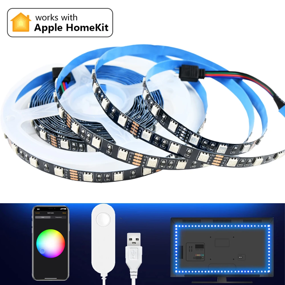 Homekit WiFi USB RGB LED Strip 5050 DC 5V 1M 2M 3M 4M 5M Led Tape Adhesive Dimmable Light TV BackLighting Kit Siri Voice Control