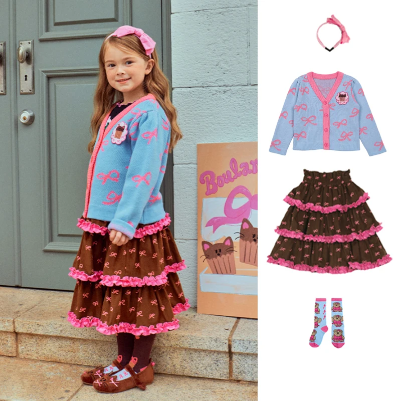 

Clothes BE2025 New Autumn Winter Korean Baby Girls Blue Knitwear Cardigan Sweater Skirts Set Kids Children's Outwear Sweatshirts