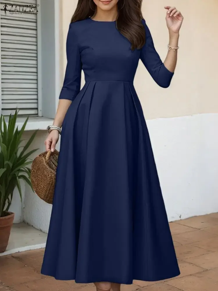 

ZANZEA European Style Women Dress Office Work Elegant Sundress 2025 Fashion 3/4 Sleeve A-Line Party Vestido Long Robe