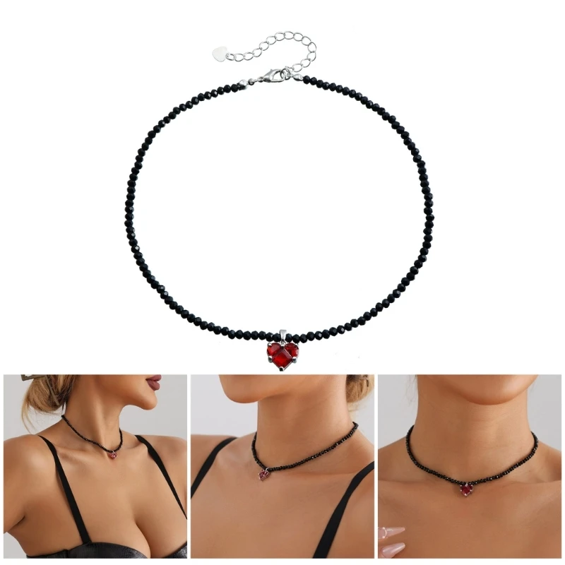 Trendy Black Crystal Beaded Necklace with Heart Charm Adjustable Length Neckchain Choker Jewelry for Stylish Women Y08E