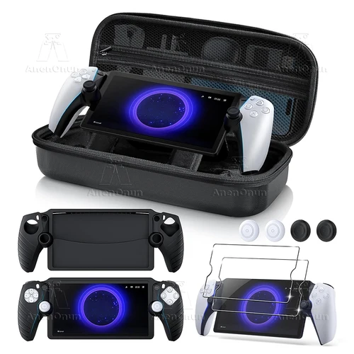 Imagen 1 del producto Kit de accesorios protectores 8 en 1 para PS Portal Estuche de transporte cubierta suave de silicona Protector de pantalla de vidrio templado HD empuñaduras para pulgar