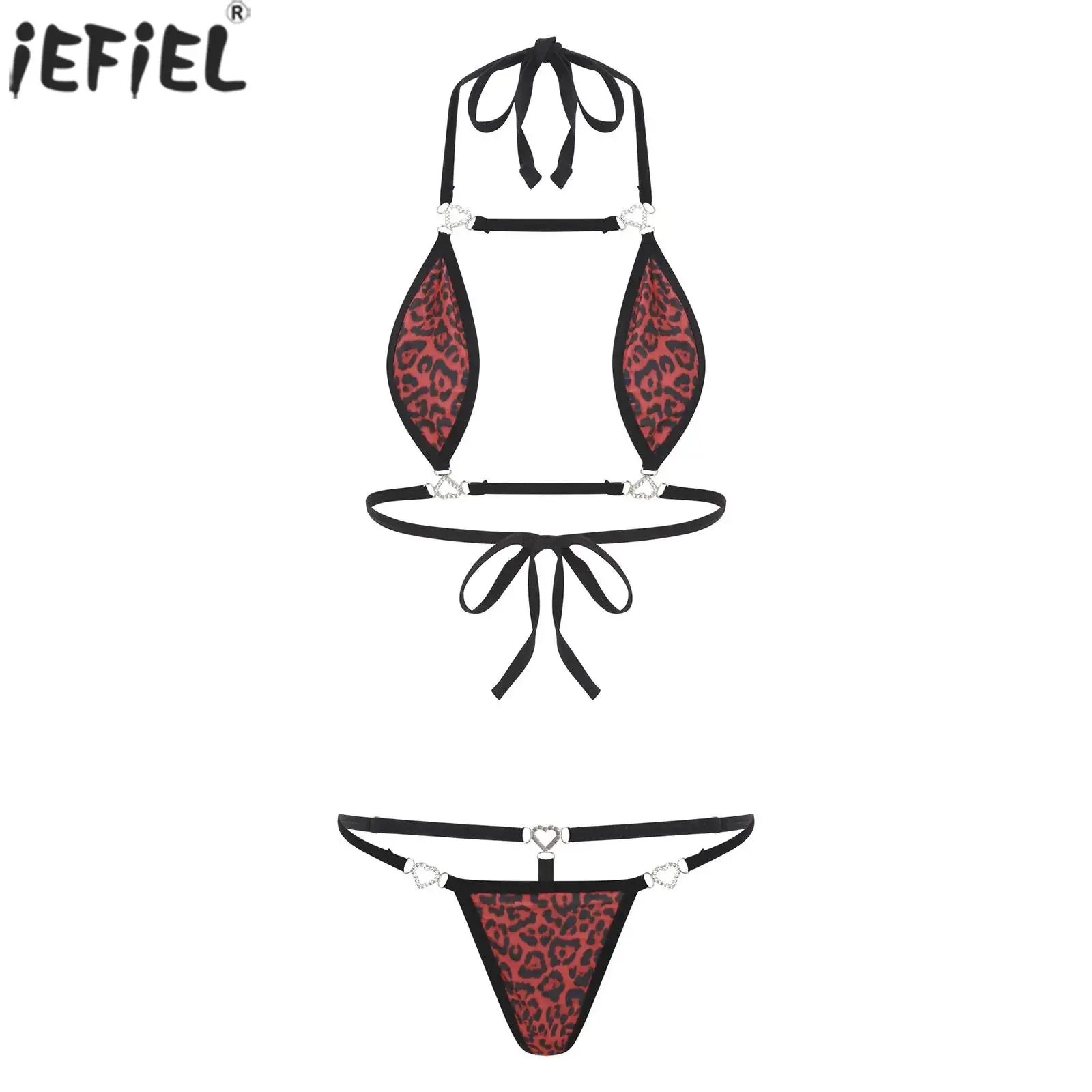 

Women's Sissy Micro Bikini Set Leopard Print Halter Mini Bra with T-back Thong Lingerie Bra Set for Private Pool Party Nightwear