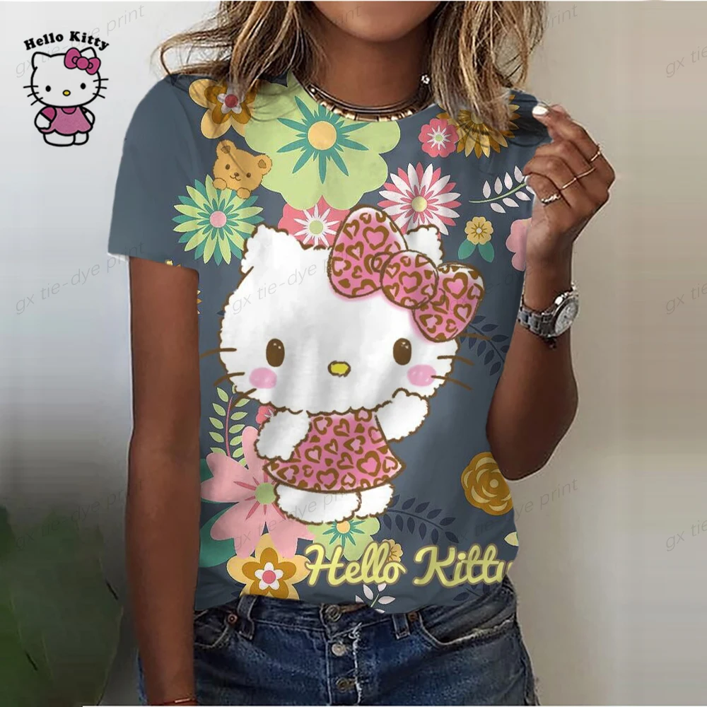 HELLO KITTY printing loose daily oversized clothes 2023 autumn women's youth T-shirt fashion shirt casual o-neck T-shirt