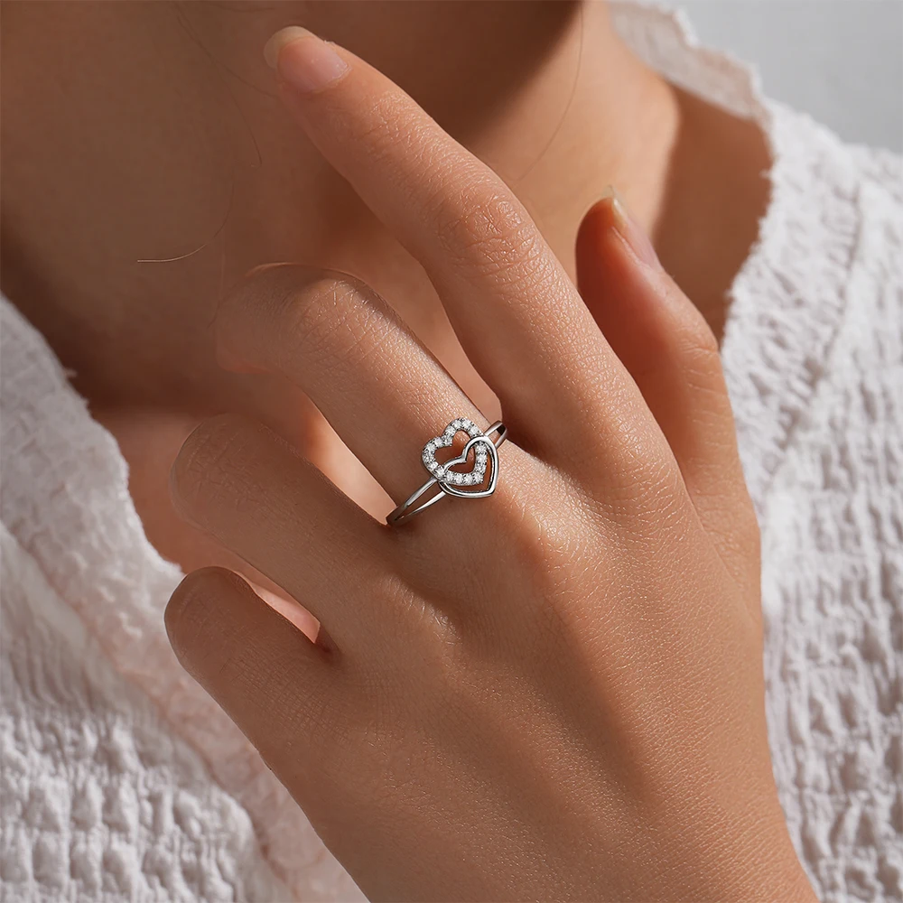 CANNER Double layer Heart 925 Sterling Silver Zircon Ring For Women Girlfriend Ring Fine Jewelry Party Valentine's Day Gift