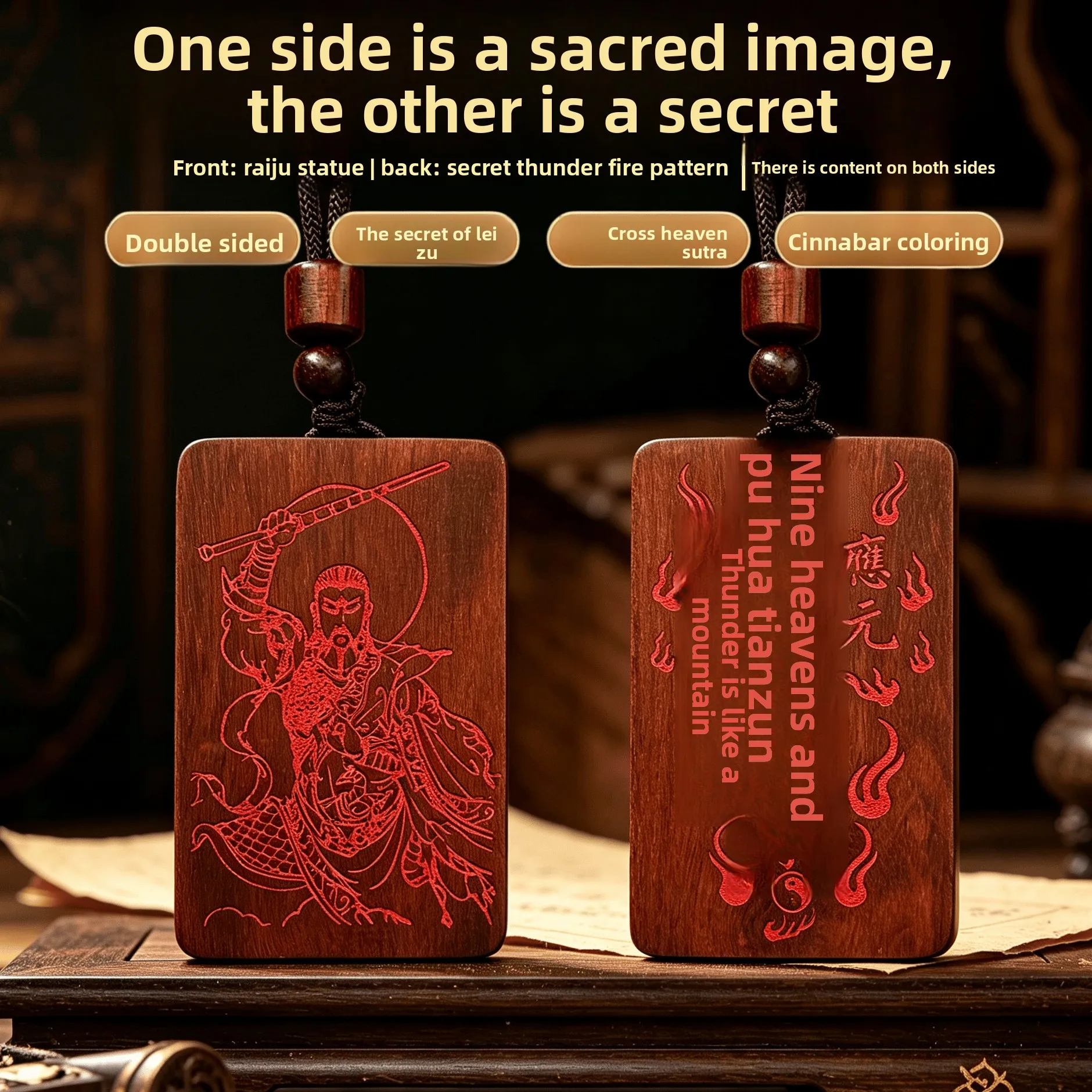 Feng Shui Lightning Struck Jujube Wood Lei Zu Thunder God Pendant Hand Carved Double Sided Cinnabar Painted Luck Wealth Blessing
