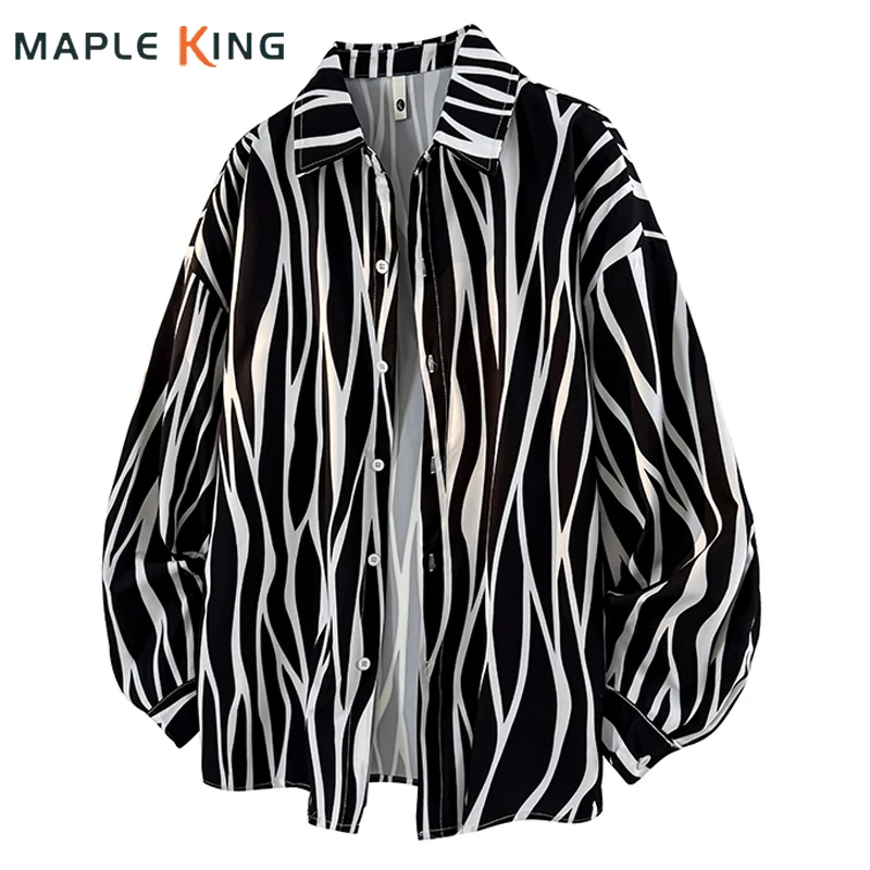 Black White Zebra Stripes Print Oversized Shirts for Men Camisa Vintage Streetwear Japanese Style Holiday Clothes Man Shirt 5XL