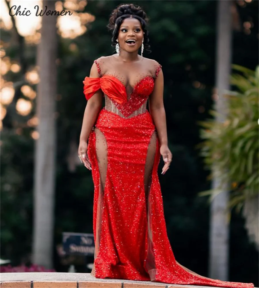 Amazing Red Sequin African Prom Dresses 2025 See Through Side Beaded Crystal Nigerian Evening Plus Size Birthday Customized