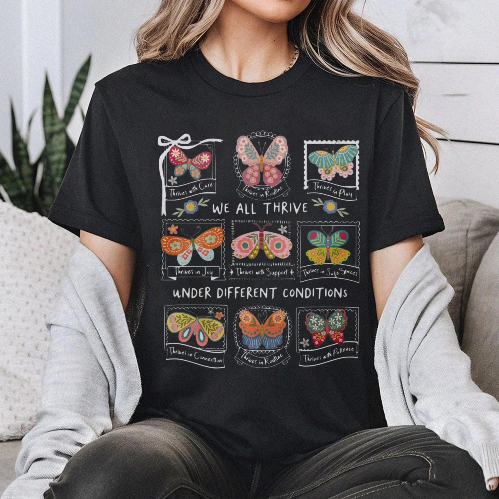 Autism Inclusion Women T-Shirt Floral Butterfly Neurodivergent Shirt Women Special Education Teacher Tops Mental Health Clothes