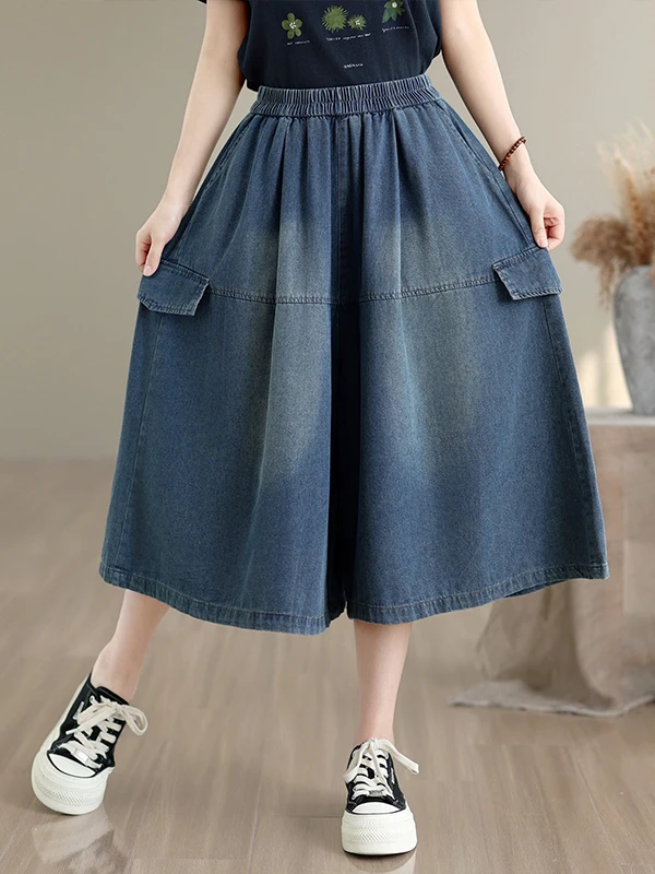 

Summer 2026 Washed Denim Wide Leg Pants Loose plus Size Versatile Seven-Quarter Length Skirt Casual Straight Leg Natural Waist
