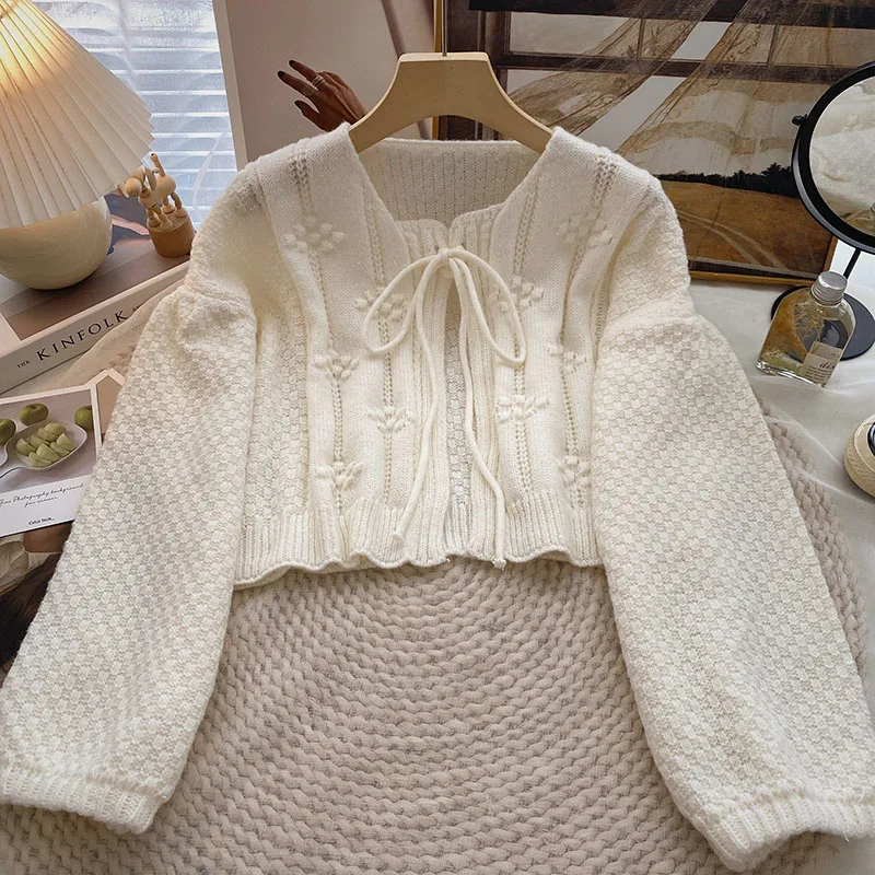 Women Cardigan Korean Style Knitted Cardigan with Lace-Up Casual Loose Ladies Sweater Jackets All-Matched Apricot Ladies Tops