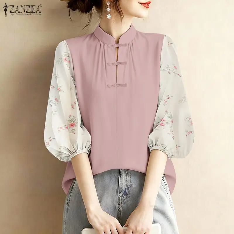 

ZANZEA Vintage Women's Blouses Elegant Frog Buttons Stand Collar Floral Printed Lantern Sleeve Tops 2026 Summer Woman Clothes