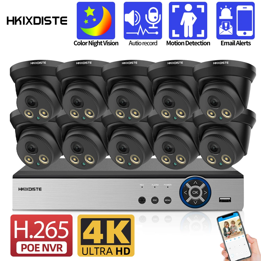 

4K CCTV Surveillance Security Camera System Kit 8MP Home External POE IP Dome Camera Set Color Night Vision 8CH POE NVR Kit 10CH