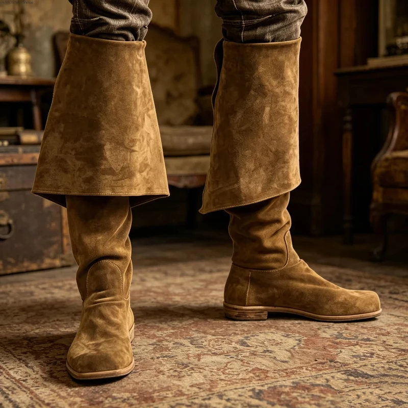 Medieval Pirate Cosplay Brown Shoes Renaissance Role Play Boots Men's Retro Square Toe Boots Knee High Windproof Yellow Shoes