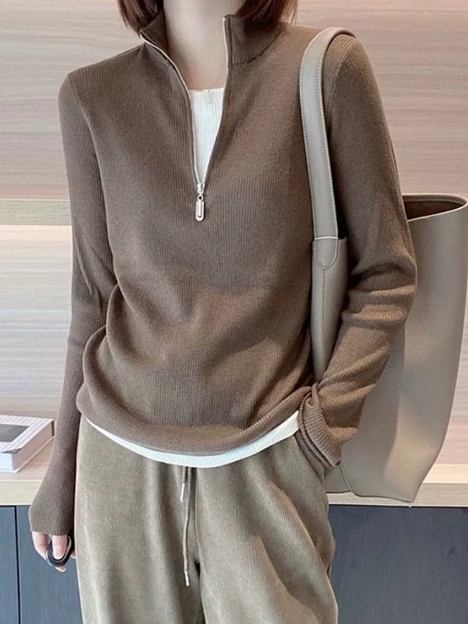 قميص نسائي كاجوال من الكشمير المحبوك بسحاب نصفي وأكمام طويلة، نمط عصري، مزيج صوف ناعم، مقاس منتظم، قطعة علوية أنيقة #4