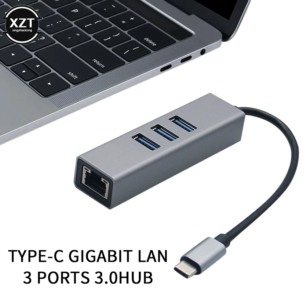 PC RTL8153 USB C Ethernet dengan 3 Port USB HUB 3.0 RJ45 Kartu Jaringan Lan USB Ke Adaptor Ethernet untuk Mac IOS Android USB 3.0 HUB