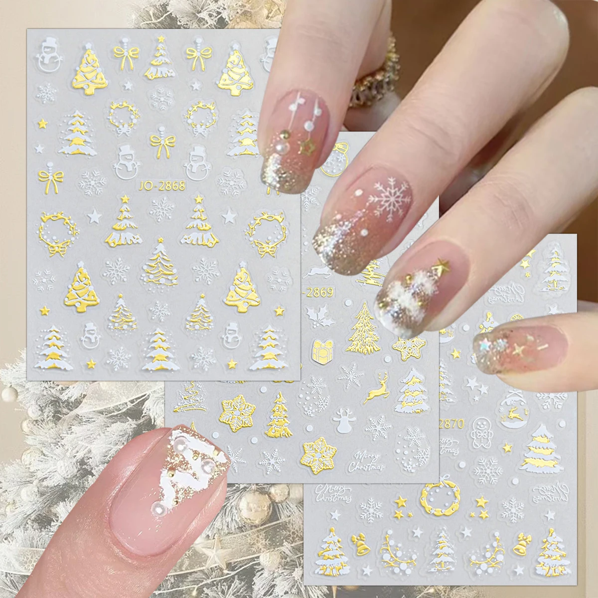 3/6 ورقة الذهب الأبيض عيد الميلاد مسمار ملصقات ندفة الثلج شجرة عيد الميلاد ستار ذاتية اللصق مسمار ملصقات فنية ل الشتاء مانيكير #1