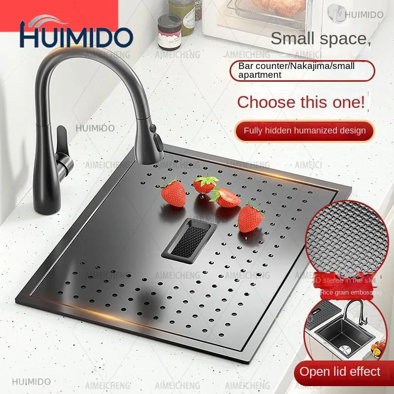 Nanometer Black Double Cover Hidden Sinks 304 Stainless Steel Sink Single Kitchen Sink