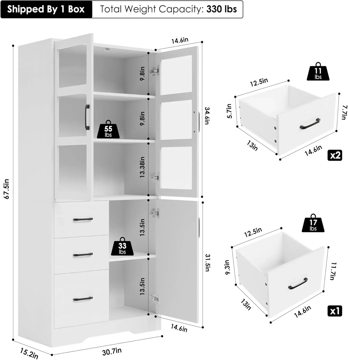 Tall Bathroom Storage Cabinet with Glass Display Doors and Shelves, 67” Modern Tall Cabinet with 3 Drawers, Linen Cabinet Freest