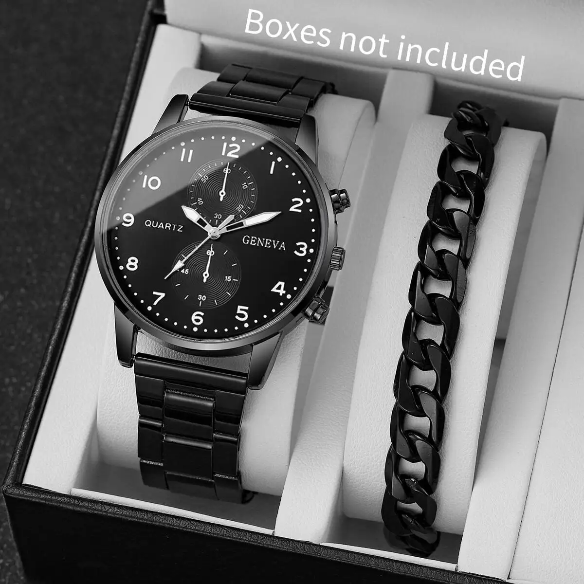 2PCS/Set Fashion Men Business Watches Casual Black Band Mens Quartz Wrist Watch Bracelet Set Reloj Hombre（Without Box）