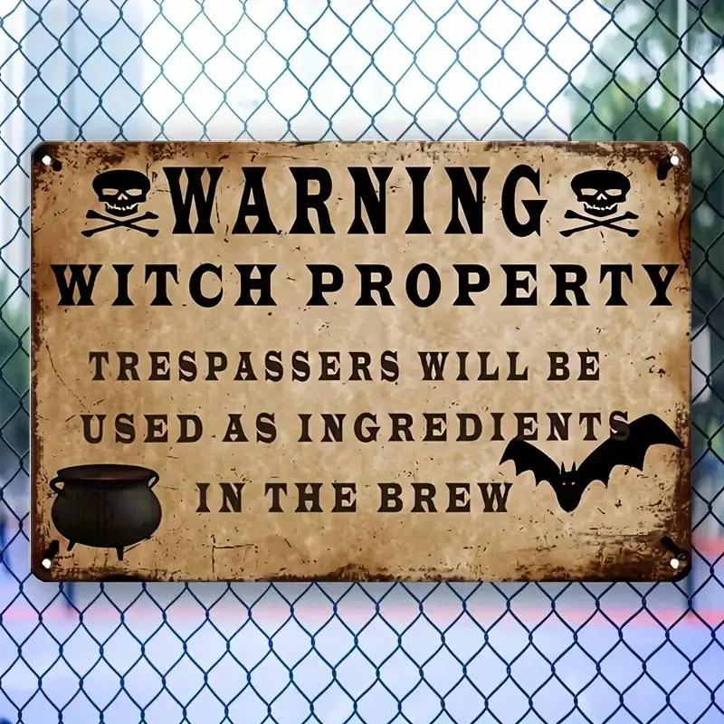 1 قطعة علامات تحذير الممتلكة للهالوين المسطحة 2D من الألومنيوم - بطاقة اللوحة المعدنية المزخرفة بنمط عتيق