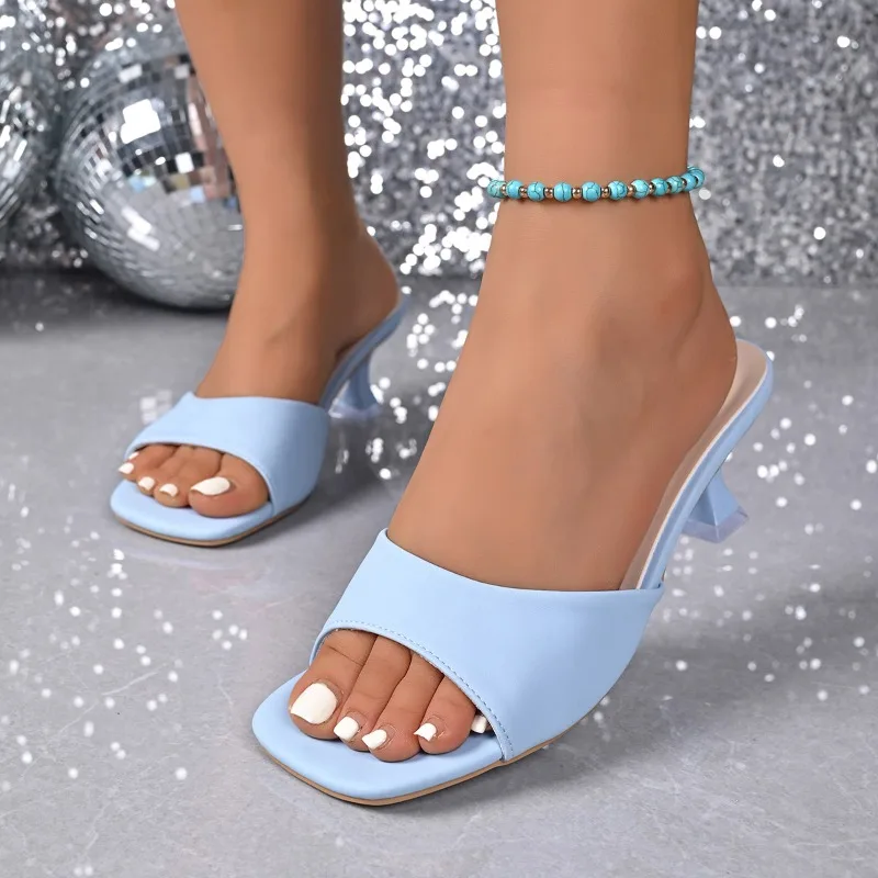 Nouvelles sandales d'été 2026 à talon fin et bout carré ouvert pour femmes, en cuir PU, collection de chaussures de bal