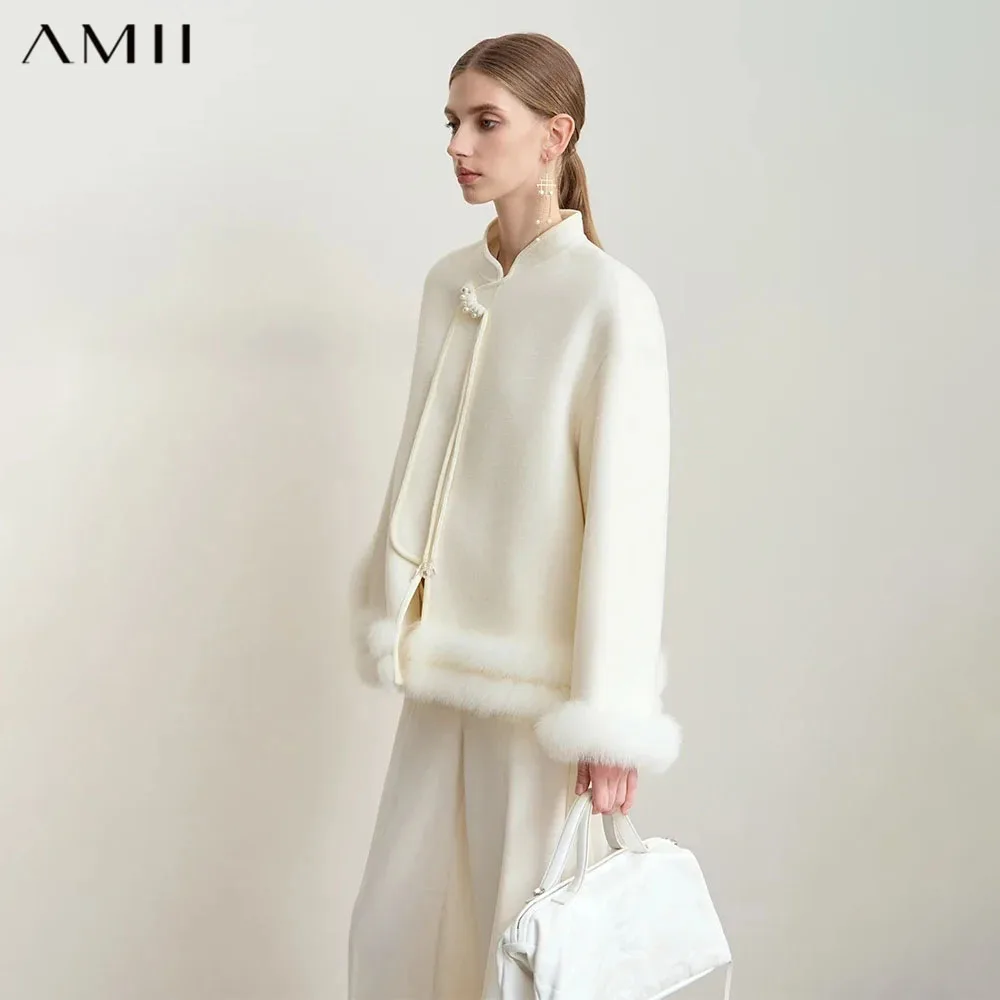 Amii Women's Coat 2026 Winter New Chinese Style Warm Woolen Jacket Woman Stand-up Collar Solid Wool Long Sleeves Coats 12444083