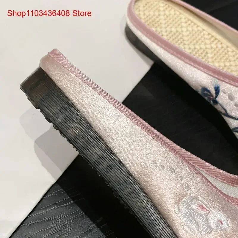 Summer Ethnic Style Baotou Slippers Women Soft Bottom Han Element Retro Mercerized Satin Shoes Women\'s Sandals Two Sizes Smaller