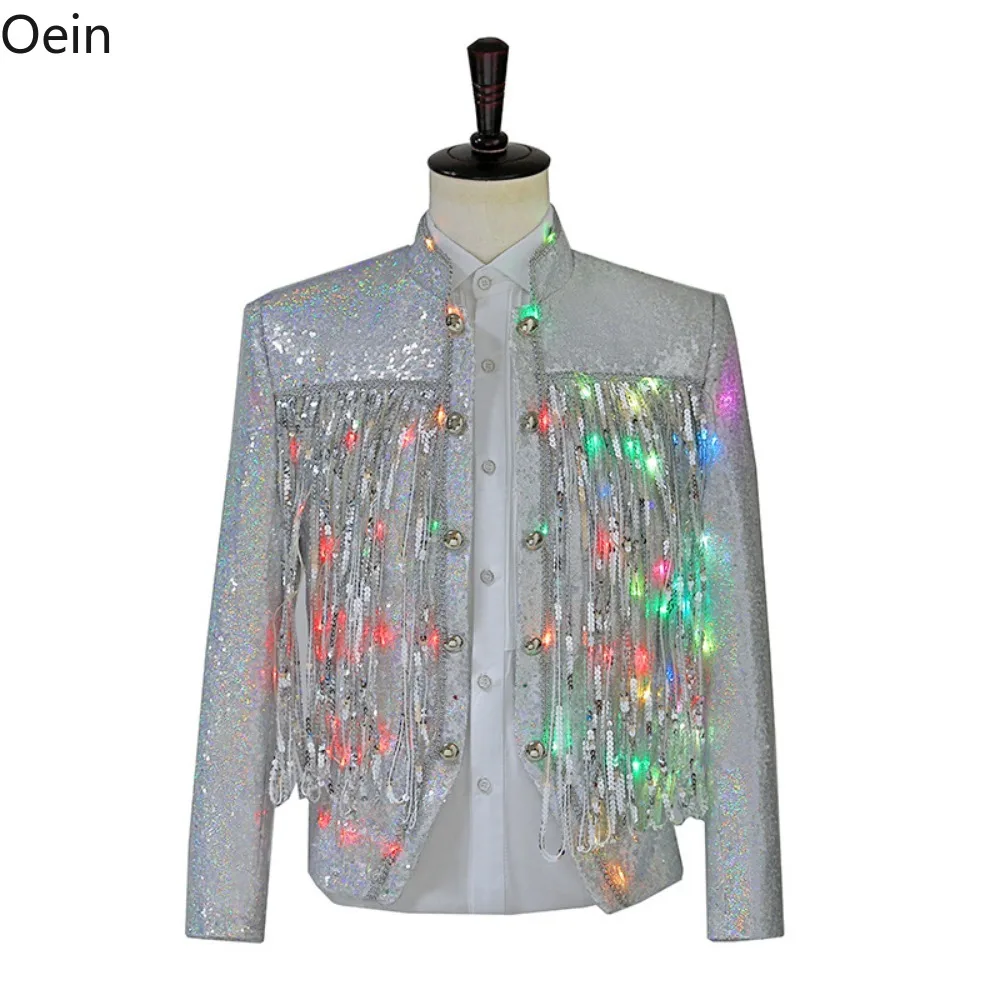 

Men's Colorful LED Luminous Jacket Stage Costume Singer Dancer Slim Coat Suit Blazer Sequins Bling