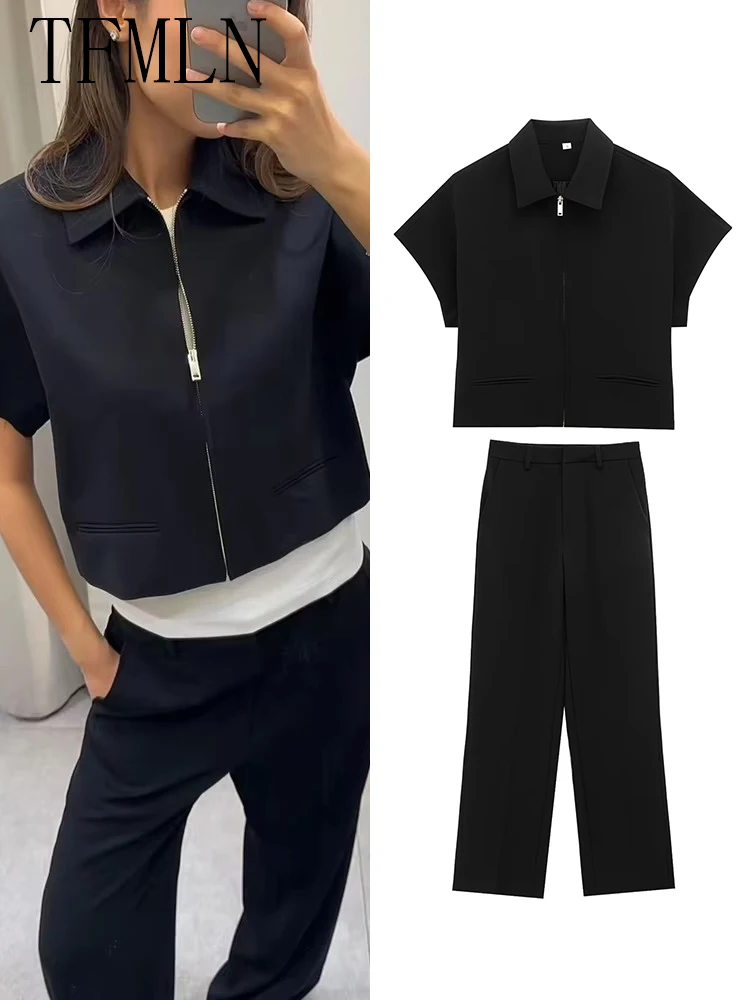 TFMLN Fashion Set For Women Summer 2025 New Slim Lapel Zipper Short Sleeve Coat Top Wide Leg Pants Two Piece Set Leisure Black