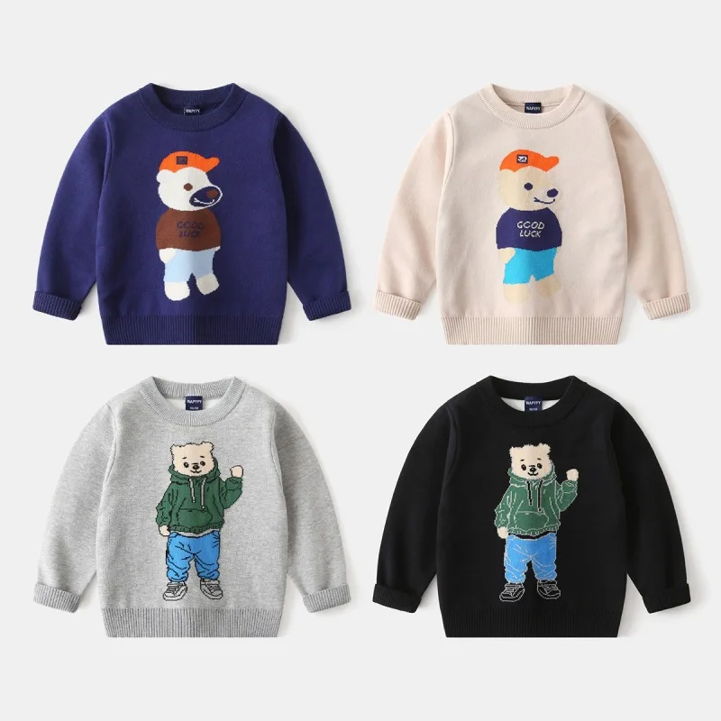 

Autumn Winter Children Boy Sweater Fashion Bear Cartoon Kid Boy Pullover Sweater Soft Cotton Round Collar Toddler Boy Sweater