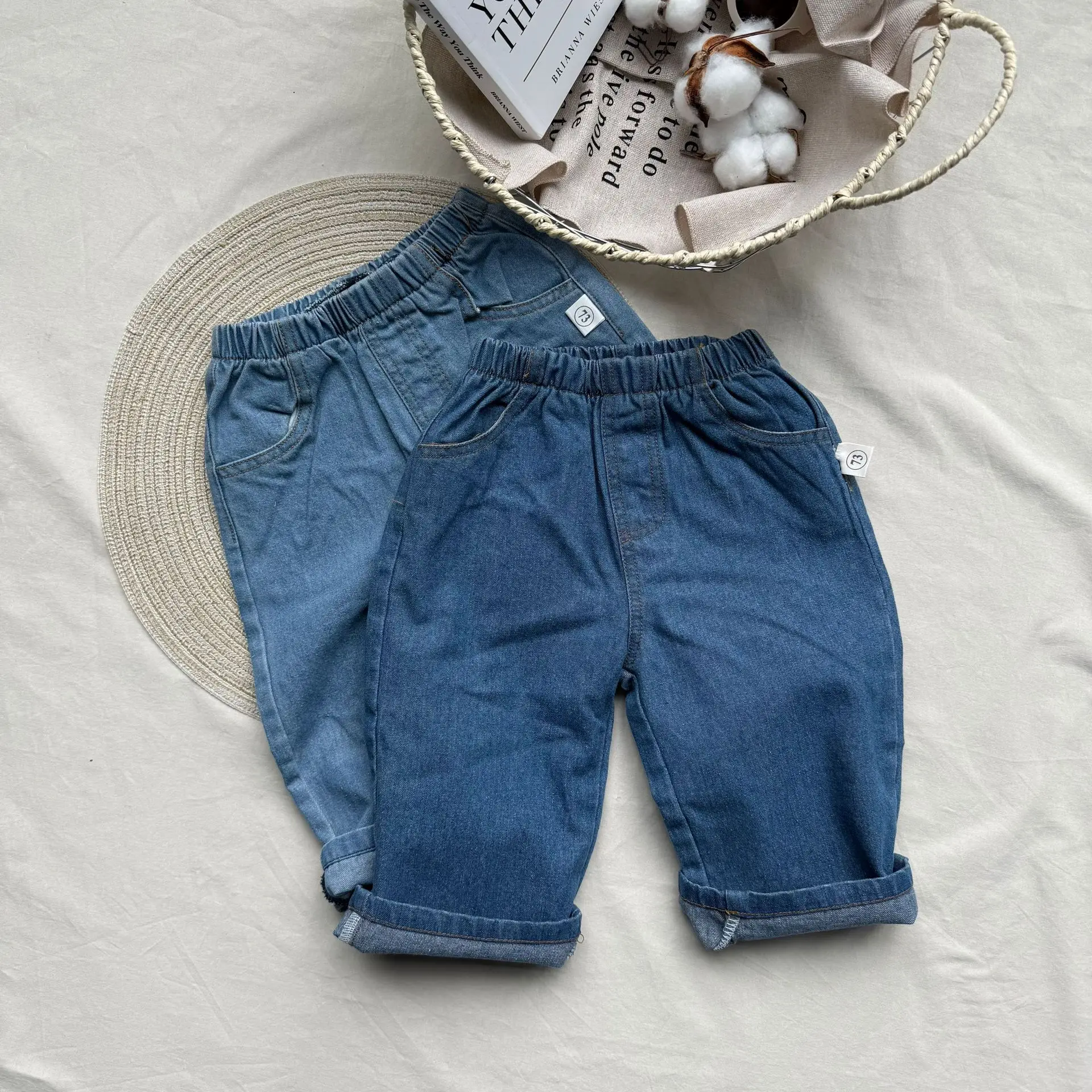

2025 Spring New Baby Loose Denim Trouser Solid Boys Versatile Jeans Girls Straight Casual Pants Infant Toddler Harem Pants