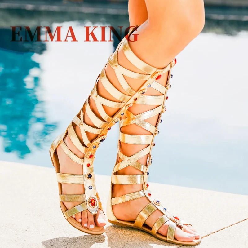 Luxurious Gemstone-embellished Rome Sandals Women Fashion Knee-High Gladiator Flat Sandals Sexy Open Toe Sandalias De Mujer