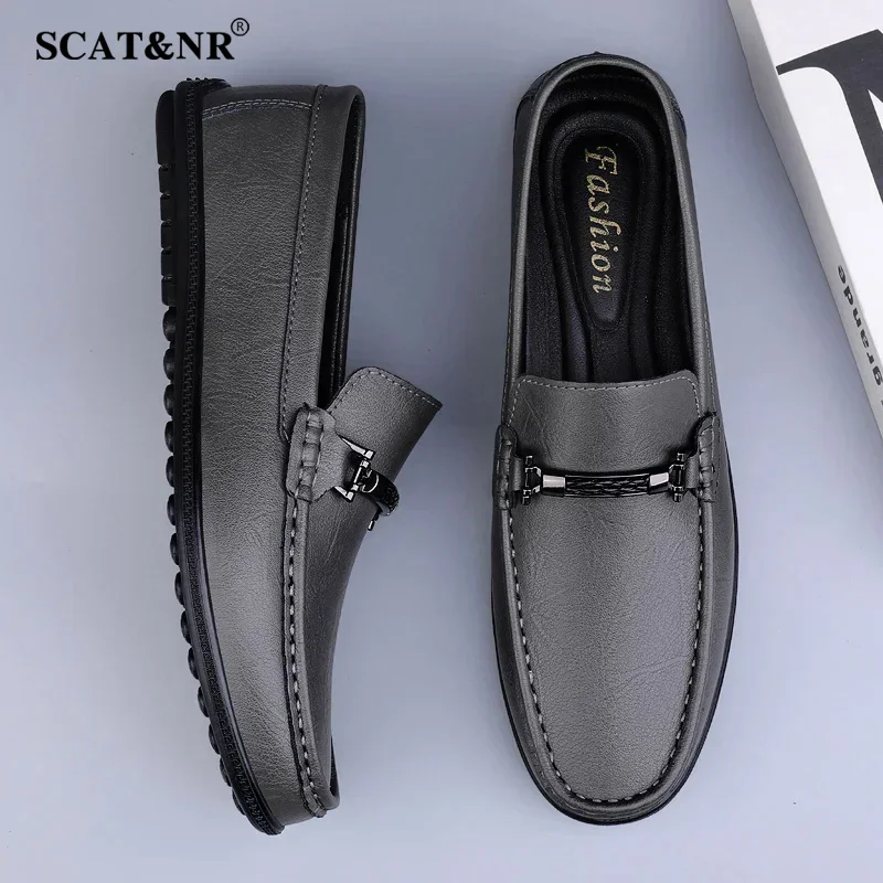 Metal buckle blue loafers genuine leather mens slip on shoes wedding men casual shoes male driving footwear breathable Mens