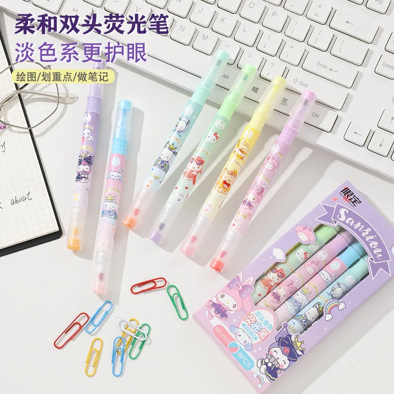 6Pcs Sanrio Highlighter Cartoon Kuromi My Melody Cute Kawaii Student Handbook Colorful Marker Pen Handheld Pen Toys Girls Gifts